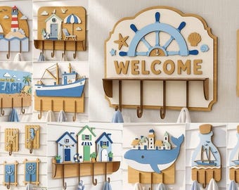 Coastal Wooden Wall Hook Bundle, Laser Cut Files for CNC, Beach House Decor SVG, Nautical Towel Rack Patterns, 3D Layered Woodworking Plans
