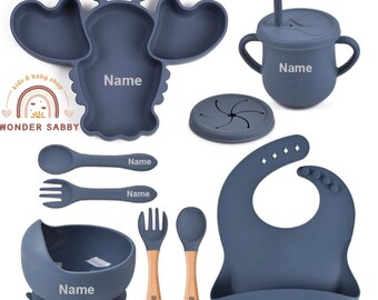 PERSONALIZE Baby Name Fun Lobster Shape Feeding Silicone Set 8 Pcs Feeding Set with Bib Spoon Fork Suction Bowl Plate Drink Tumbler BPA Free