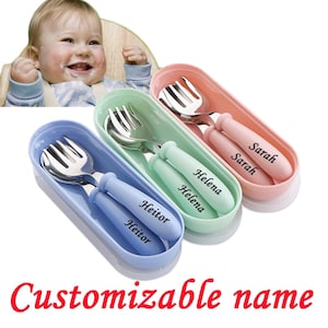 PERSONALIZE your baby name Stainless Steel Spoon and Fork with Case for Babies Toddler Baby training Spoon and Fork Baby Eating Utensils