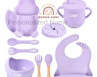 PERSONALIZE Baby Name Feeding Silicone Set 8 Pcs | Baby Led Weaning Tableware with Bib Spoon Fork Suction Bowl Plate Drink Tumbler BPA Free