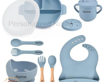 PERSONALIZE Baby Name Simple Circle Feeding Silicone Set 9 Pcs Feeding Set with Bib Spoon Fork Suction Bowl Plate Drink Tumbler BPA Free