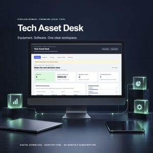 Pode incluir: Um monitor de computador exibindo a interface do software Tech Asset Desk com tabelas de dados, métricas e abas de navegação. A tela mostra texto incluindo Tech Asset Desk, Equipment, Software e Make the next decision clear. Três cubos brilhantes com ícones estão sobre pedestais escuros próximos.