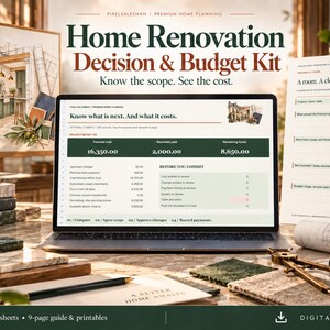 Könnte beinhalten: Ein Entscheidungs- und Budget-Kit für Hausrenovierungen mit einem Laptop, der eine Projekt-Tabelle mit Finanzdaten anzeigt, einem gedruckten Planungsleitfaden mit dem Titel A room. A clear brief., einem Zirkel und Büchern.