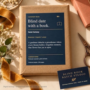Könnte beinhalten: Ein rechteckiges Buch in braunem Packpapier mit einem dunkelblauen Etikett, das den Text Blind date with a book, Quiet fantasy, Botanical, Hopeful, Lyrical sowie eine Zusammenfassung über einen Gärtner und ein Gewächshaus enthält.