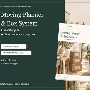 Moving Planner Printable PDF, Box Inventory & Labels, Moving Checklist and Budget, A4 and US Letter
