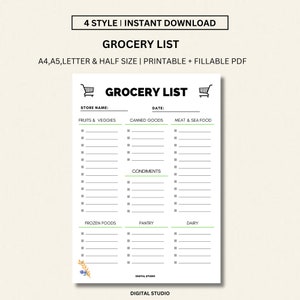 Grocery List Printable Template, Food Shopping List, Digital Grocery List Printable, A4 A5 Letter & Half Size, Instant Digital Download PDF