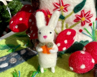 Needle Felted White Rabbit with Carrots – Handmade Wool Animal Decor