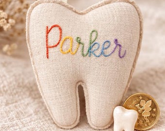 Personalized Tooth Fairy Pillow, Rainbow Name Linen Keepsake, Kids Lost Tooth Holder, Embroidered Gift