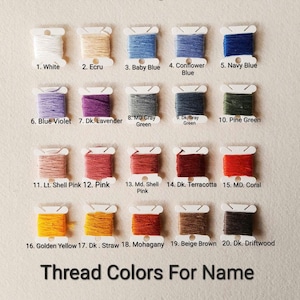 Pu&ograve; includere: Una tabella colori con 20 colori di filo su bobine, tra cui bianco, ecru, azzurro, blu navy e varie tonalit&agrave; di rosa, verde e marrone. Il testo "Thread Colors For Name" &egrave; in basso.