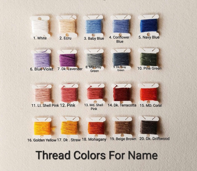 Pu&ograve; includere: Una tabella colori con 20 colori di filo su bobine, tra cui bianco, ecru, azzurro, blu navy e varie tonalit&agrave; di rosa, verde e marrone. Il testo "Thread Colors For Name" &egrave; in basso.