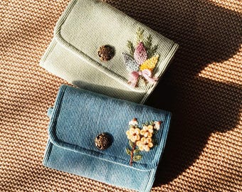Custom Corduroy Embroidered Wallet | Floral Personalized Purse | Gift for Her