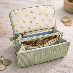 Pu&ograve; includere: Portafoglio in velluto a coste verde chiaro aperto, con cerniera dorata, pieno di monete e carte. La fodera interna &egrave; in tessuto bianco con un motivo floreale giallo. Il portafoglio &egrave; aperto, mostrando il suo contenuto.