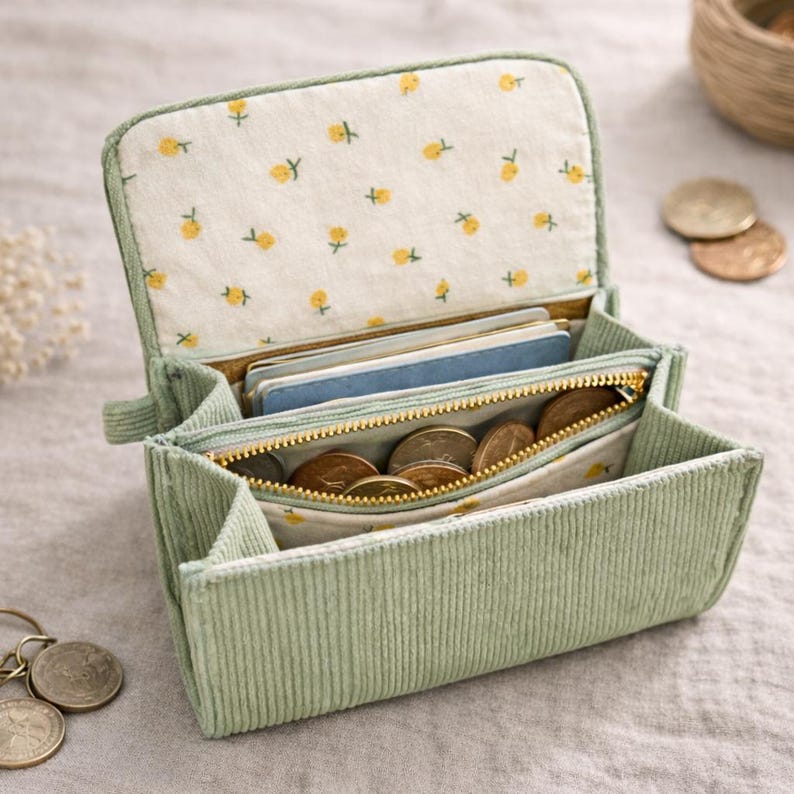 Pu&ograve; includere: Portafoglio in velluto a coste verde chiaro aperto, con cerniera dorata, pieno di monete e carte. La fodera interna &egrave; in tessuto bianco con un motivo floreale giallo. Il portafoglio &egrave; aperto, mostrando il suo contenuto.