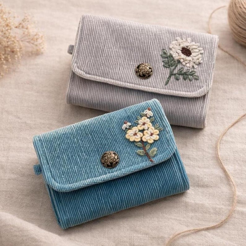 Pu&ograve; includere: Sono mostrati due portafogli di velluto a coste, uno grigio e uno blu. Ogni portafoglio presenta un ricamo floreale e una chiusura con bottone decorativo. I portafogli sono rettangolari con patta. Lo sfondo &egrave; in tessuto neutro.