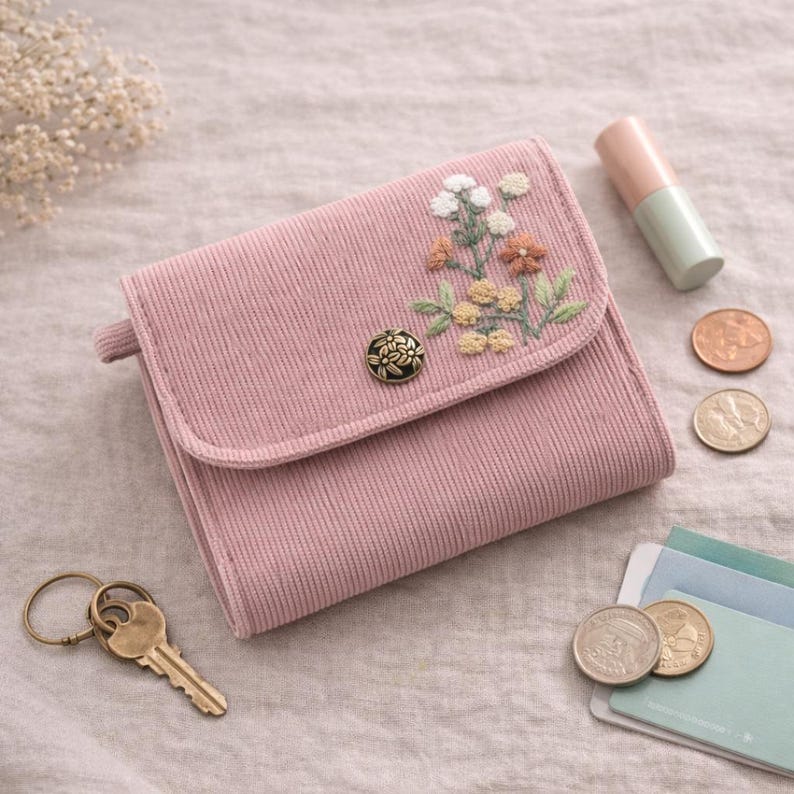 Pu&ograve; includere: Un portafoglio rosa in velluto a coste con ricami floreali e chiusura con bottone decorativo. Il portafoglio &egrave; aperto, rivelando l'interno. Un rossetto, monete, chiavi e carte sono accanto.