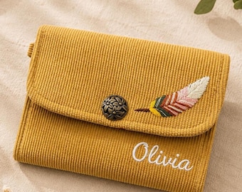 Portafoglio in velluto a coste ricamato personalizzato / Borsa personalizzata floreale / Regalo per lei