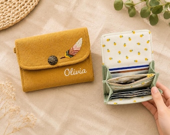 Portafoglio con cerniera in velluto a coste personalizzato, con nome ricamato su misura per donna, portamonete regalo per lei