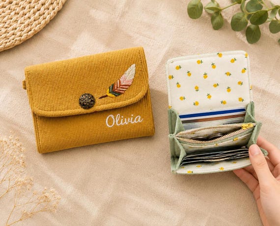Personalized Corduroy Zipper Wallet, Custom Name Embroidered for Women, Coin Purse Gift for Her