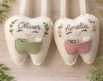 Almohada floral personalizada para el Hada de los Dientes, regalo personalizado para el bolsillo del diente con nombre bordado.
