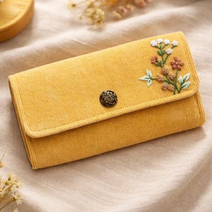 Personalized Corduroy Long Wallet, Hand Embroidered Floral Wallet, Custom Name Gift for Her