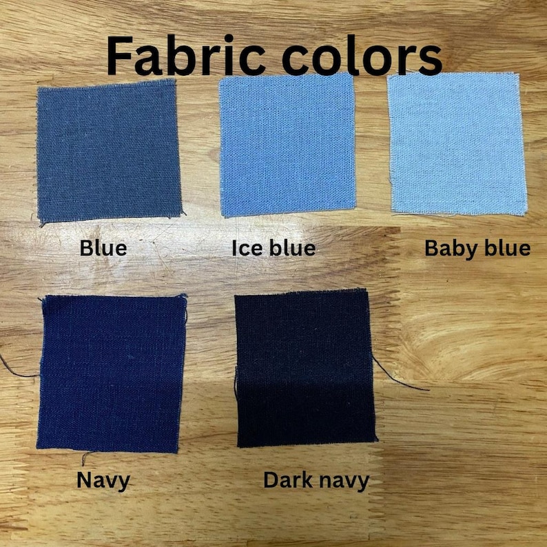 May include: A selection of fabric swatches in shades of blue, including "Blue", "Ice blue", "Baby blue", "Navy", and "Dark navy". The image is labelled "Fabric colors" at the top, showcasing the different hues.