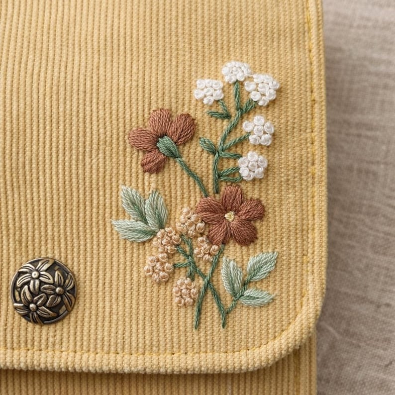 Pu&ograve; includere: Un oggetto in tessuto di velluto a coste giallo con un ricamo floreale. Il ricamo presenta fiori e foglie marroni, bianchi e verde chiaro. Un bottone decorativo in metallo con un motivo floreale &egrave; sul lato sinistro.
