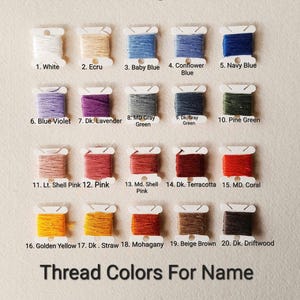 May include: A colour chart displaying 20 thread colours on spools, including white, ecru, baby blue, navy blue, and various shades of pink, green, and brown. The text "Thread Colors For Name" is at the bottom.