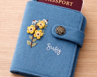 Portapassaporto personalizzato, portafoglio in velluto a coste con ricami floreali a mano, idea regalo.