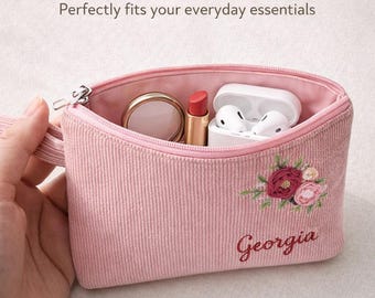 Personalized Mini Makeup Pouch, Custom Name Embroidered Floral Cosmetic Bag, Gift for Her