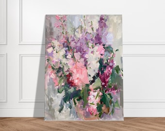 花瓶の花の絵、抽象的な花の絵 - 花の絵、キャンバスに描かれたピンク