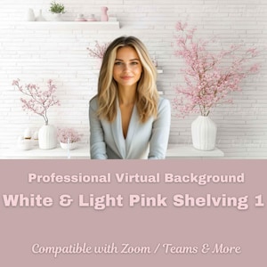 May include: A virtual background featuring a white brick wall with white shelves and light pink flowers in white vases. The shelves are decorated with small white and pink decorative items.