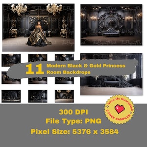 Quinceañora Foto Kulissen Schwarz und Gold Prinzessin Zimmer Digitale Hintergründe für Geburtstag Fotos Brautshootings Photoshop Hintergründe
