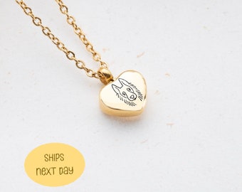 Personalized Dog Memorial Necklace, Custom Heart Urn Pendant for Pet Ashes, Minimalist Dog Portrait Engraved Jewelry Gift for Her and Him