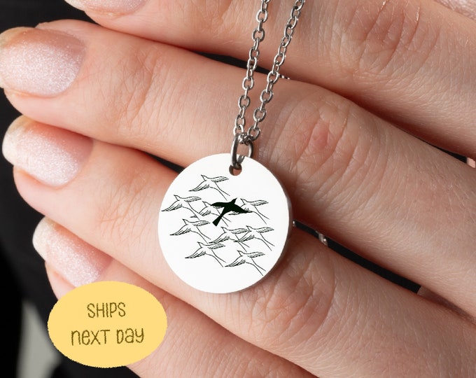 Flock of Birds Jewelry, Bucking the Current Necklace, Gift for Her, Flying Your Own Way, Engraved Name Necklace, Best Meaningful Gift