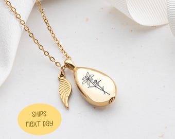 Lily Flower Urn Necklace, Custom Memorial Teardrop Pendant for Ashes, Personalized Cremation Jewelry, Keepsake Bar with Lily Engraving