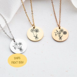Birth Flower Bouquet Necklace, Unique Family Gift, Mother&#39;s Day Gift, Kids Name Necklace, Customize Necklace Gift, Birth Flower Jewelry