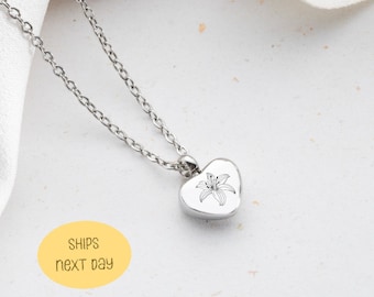 Lily Flower Heart Urn Necklace, Memorial Jewelry, Cremation Ashes Pendant Keepsake, Custom Engraving, Gift for Loss of Loved One  Heart
