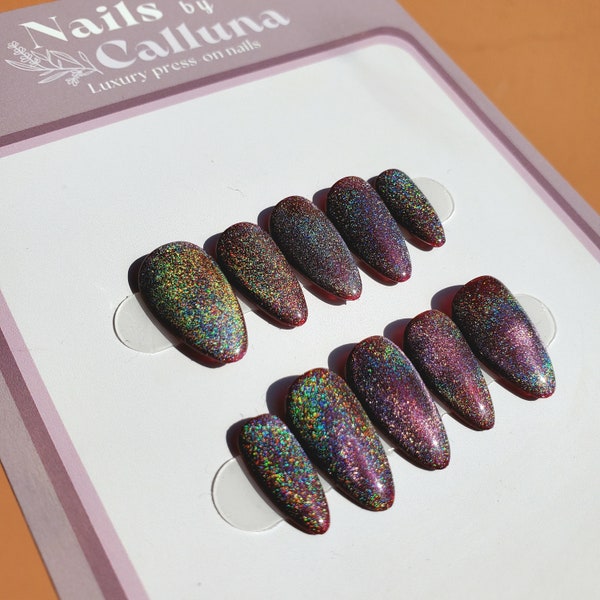 Purple Cateye Press-on Nails Rainbow Holographic Glitter gel Hand Painted Custom size shape Length 2+ weeks wear Reusable Easy to Apply