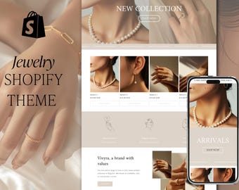 Pode incluir: Um tema Shopify de joias com uma maquete de site e um smartphone exibindo joias. O site apresenta colares de pérolas, brincos e anéis. O texto inclui "Nova coleção" e "Chegadas".