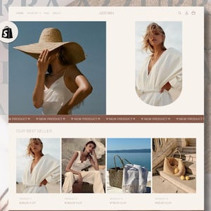 夏向けプレタポルテのShopifyテンプレート | ミニマリストベージュのShopifyテーマ | 高級婦人服ウェブサイト | Shopifyデザイン | Canvaバナー