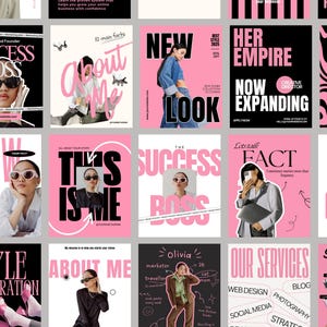 May include: A collection of pink and black social media templates with text such as "Success Boss", "About Me", and "New Look". The templates feature images of people and are designed for marketing and branding.