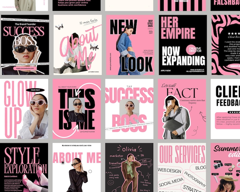 May include: A collection of pink and black social media templates with text such as "Success Boss", "About Me", and "New Look". The templates feature images of people and are designed for marketing and branding.