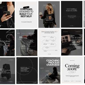 May include: A collection of social media posts with a minimalist design. The posts feature text overlays with phrases like "Strategies Designed to Build Your Best Self!" and "Future of Your Instagram Presence." The color palette is primarily black and white.