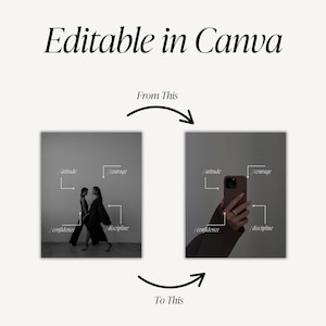 May include: A graphic showing a before-and-after concept. The text "Editable in Canva" is at the top. The "before" image shows two people, and the "after" image shows a person holding a phone. Text labels include "attitude", "courage", "confidence", and "discipline".