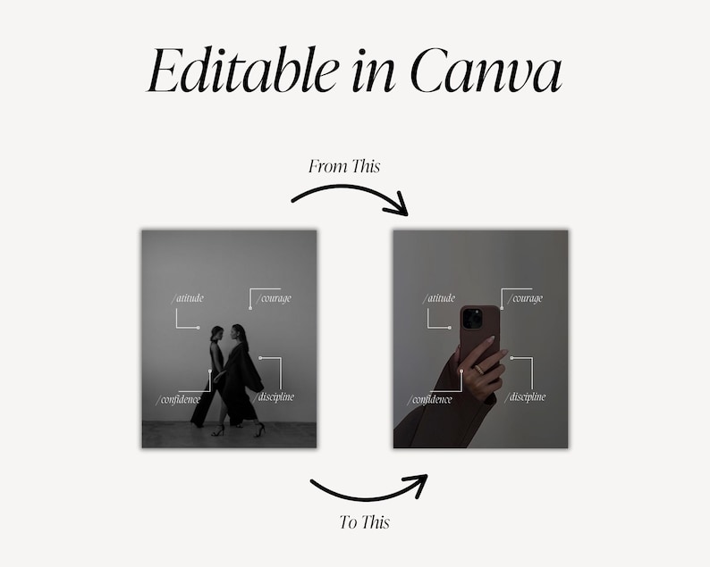 May include: A graphic showing a before-and-after concept. The text "Editable in Canva" is at the top. The "before" image shows two people, and the "after" image shows a person holding a phone. Text labels include "attitude", "courage", "confidence", and "discipline".