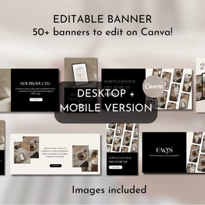 K&ouml;nnte beinhalten: Eine Sammlung von &uuml;ber 50 editierbaren Canva-Banner-Vorlagen f&uuml;r Desktop und mobile Ger&auml;te. Die Banner zeichnen sich durch eine minimalistische &Auml;sthetik mit Schwarzwei&szlig;text und Bildern von Telefonen, einem Laptop und einem Notizbuch aus.