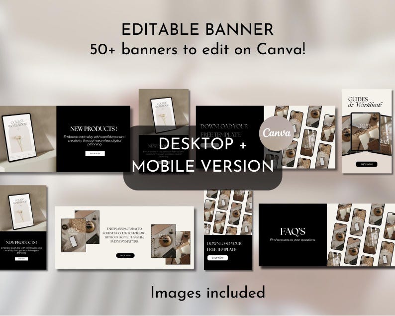K&ouml;nnte beinhalten: Eine Sammlung von &uuml;ber 50 editierbaren Canva-Banner-Vorlagen f&uuml;r Desktop und mobile Ger&auml;te. Die Banner zeichnen sich durch eine minimalistische &Auml;sthetik mit Schwarzwei&szlig;text und Bildern von Telefonen, einem Laptop und einem Notizbuch aus.