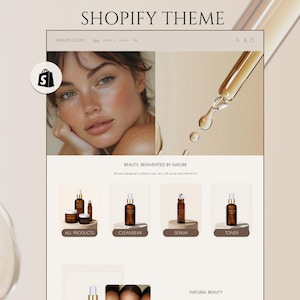 May include: A Shopify theme mockup featuring a website design for skincare products. The design includes a model's portrait, product bottles, and the text "BEAUTY, REINVENTED BY NATURE". The website showcases various skincare items, including serums and toners.