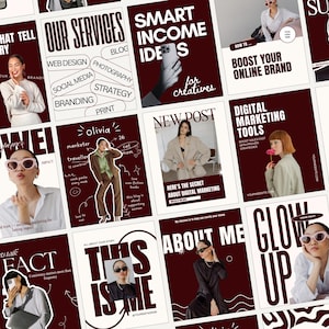 Puede incluir: Una colección de publicaciones en redes sociales con un fondo burdeos y texto blanco. Las publicaciones presentan imágenes de personas, textos como "Nuestros servicios", "Ideas de ingresos inteligentes" y "Glow Up", y frases relacionadas con la marca y el marketing.