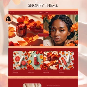 Tema Shopify rosso e arancione, sito web personalizzabile per Shopify, tema Shopify per la cura della pelle, tema Shopify per la bellezza